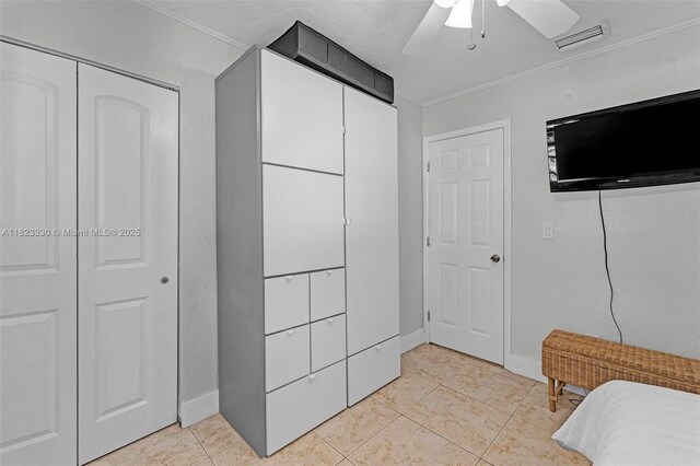 10371 SW 146th St, Miami, FL 33176 - bedroom with crown molding, a ceiling fan, and light tile patterned floors