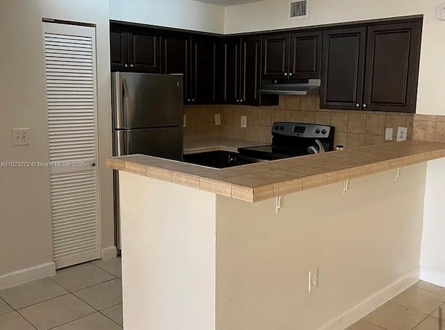 1733 Village Blvd Unit 105, West Palm Beach, FL 33409 - kitchen featuring electric range, ventilation hood, light tile patterned floors, and backsplash