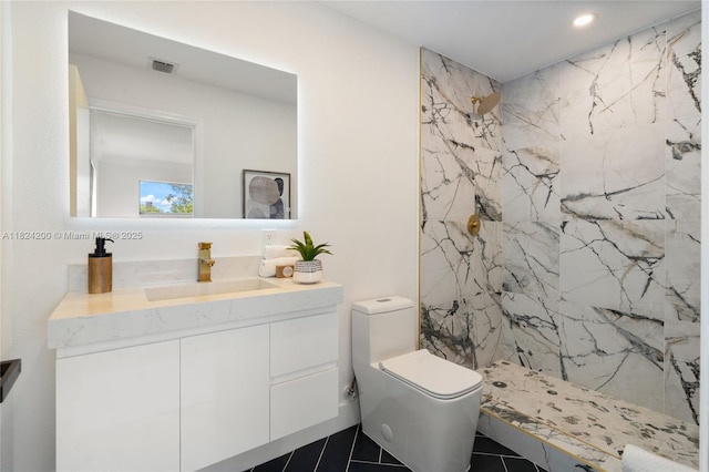 813SW 3rd Ct, Delray Beach, FL 33444 - full bath with a marble finish shower, vanity, tile patterned flooring, and recessed lighting