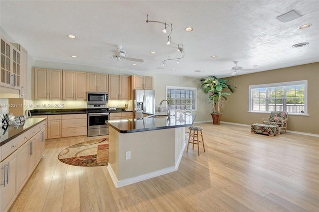 20406 SW 54th Pl, Pembroke Pines, FL 33332 - kitchen featuring stainless steel appliances, a ceiling fan, dark countertops, light wood-type flooring, and a breakfast bar