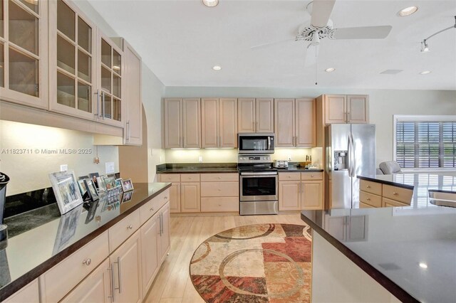 20406 SW 54th Pl, Pembroke Pines, FL 33332 - kitchen featuring stainless steel appliances, dark countertops, a ceiling fan, light wood-style flooring, and glass insert cabinets