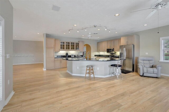20406 SW 54th Pl, Pembroke Pines, FL 33332 - kitchen with a ceiling fan, stainless steel appliances, dark countertops, light wood-style floors, and recessed lighting
