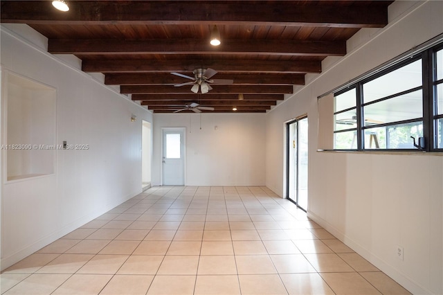 9351 SW 53rd St, Miami, FL 33165 - empty room with a wooden ceiling with exposed beams, ceiling fan, and light tile patterned flooring