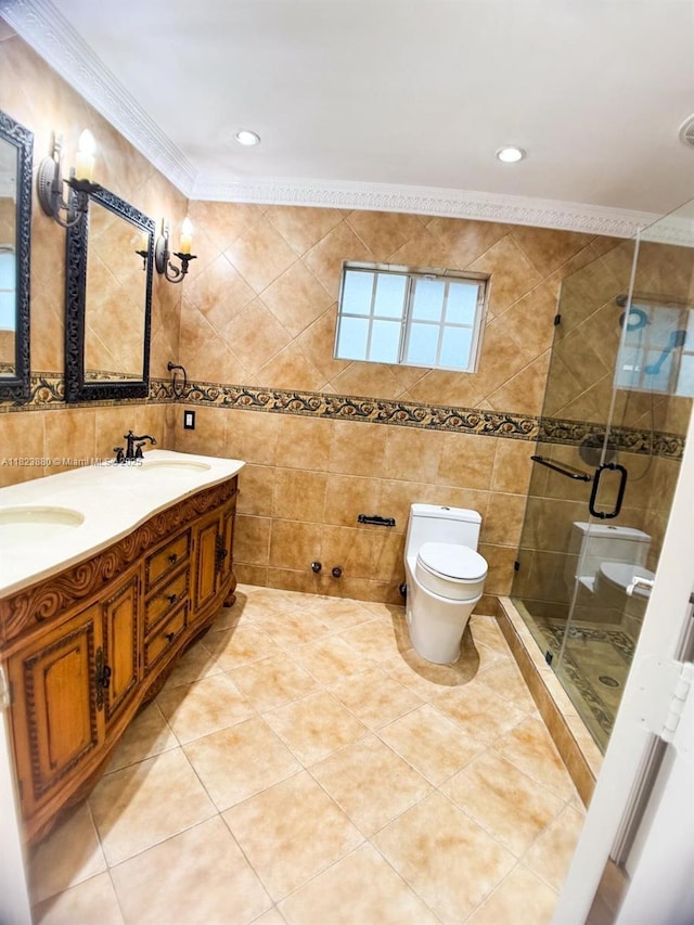 14332 SW 38th Ter, Miami, FL 33175 - full bath featuring tile walls, double vanity, a shower stall, crown molding, and tile patterned floors