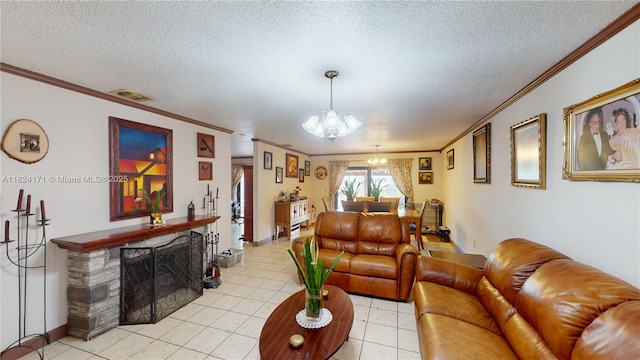1000 SW 136th Pl, Miami, FL 33184 - living area with ornamental molding, a chandelier, a textured ceiling, light tile patterned floors, and a fireplace