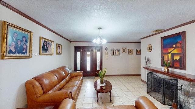 1000 SW 136th Pl, Miami, FL 33184 - living room with a chandelier, ornamental molding, a textured ceiling, and light tile patterned flooring