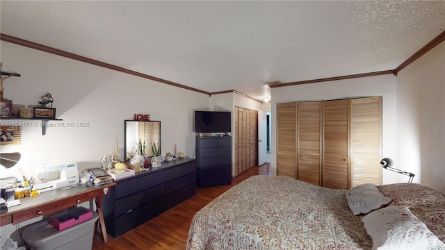 1000 SW 136th Pl, Miami, FL 33184 - bedroom with dark wood-type flooring, ornamental molding, a desk, and two closets
