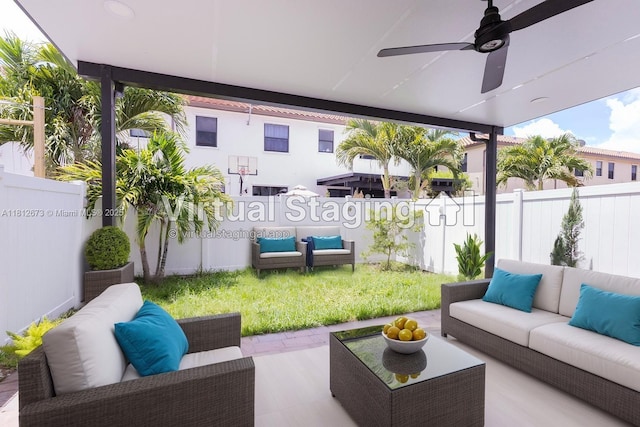 3324 W 90, Hialeah, FL 33018 - fenced backyard with an outdoor hangout area, ceiling fan, and a patio
