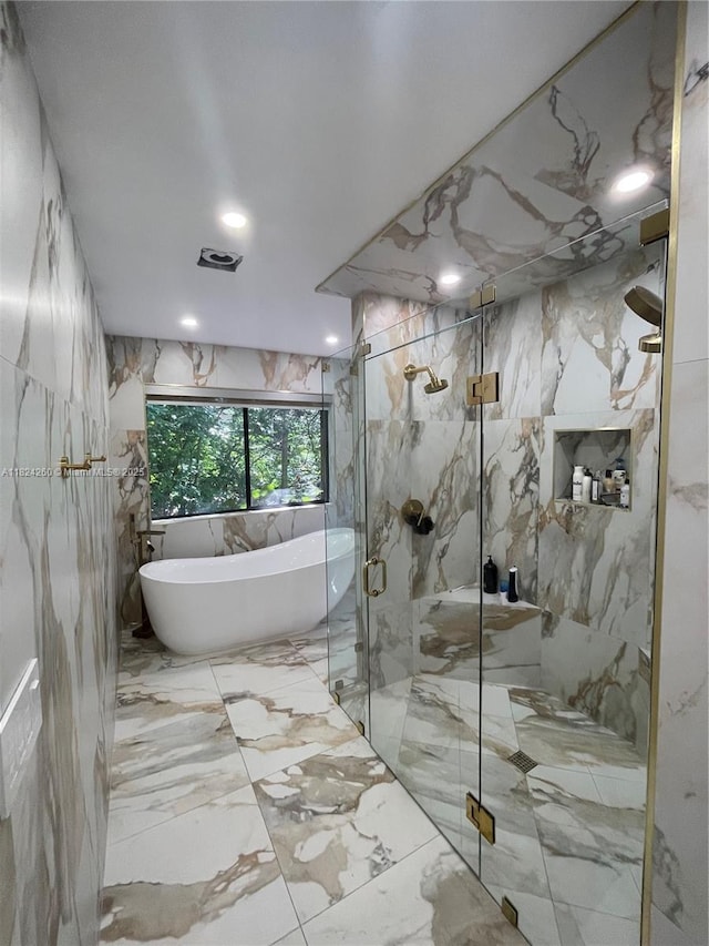 5811 SW 33rd Ter, Hollywood, FL 33312 - full bath featuring a soaking tub, a marble finish shower, and marble tiled floors