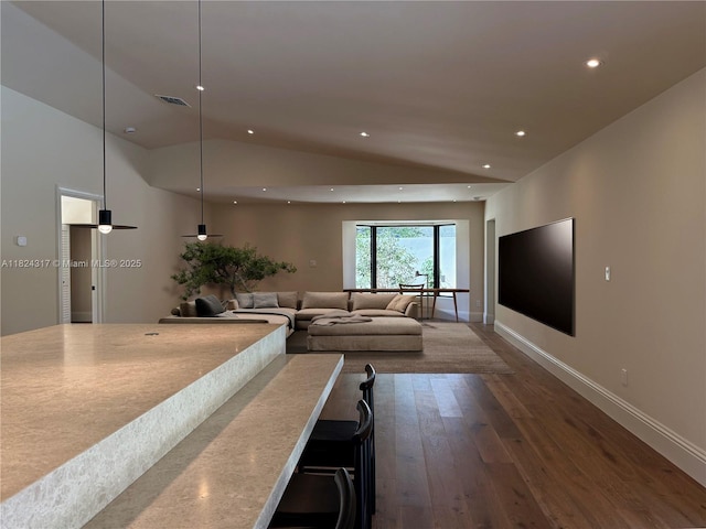 8845 SW 176th Ter, Palmetto Bay, FL 33157 - living room featuring vaulted ceiling, recessed lighting, and wood-type flooring