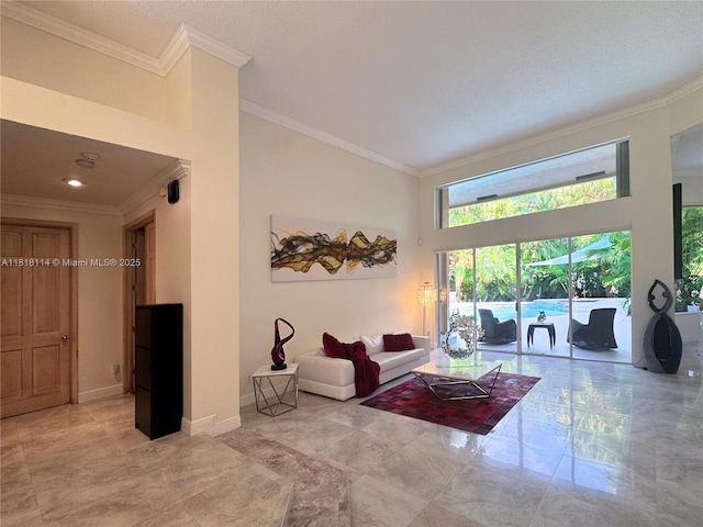 375 Sabal Way, Weston, FL 33326 - living area featuring marble tiled floors, a high ceiling, and ornamental molding