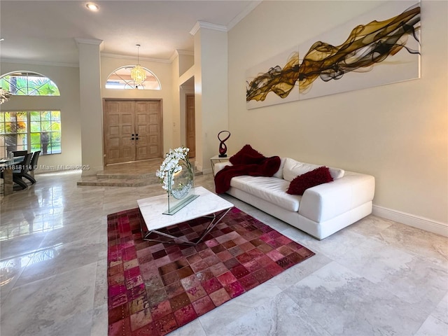 375 Sabal Way, Weston, FL 33326 - living room featuring ornamental molding and a towering ceiling