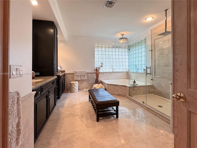 375 Sabal Way, Weston, FL 33326 - full bathroom featuring a stall shower, ornamental molding, a bath, and vanity