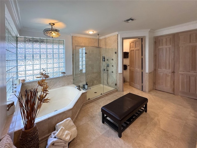 375 Sabal Way, Weston, FL 33326 - full bathroom featuring a shower stall, ornamental molding, a garden tub, and tile patterned flooring