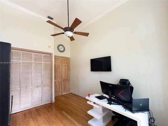 375 Sabal Way, Weston, FL 33326 - office space featuring crown molding, light wood-style floors, and a ceiling fan