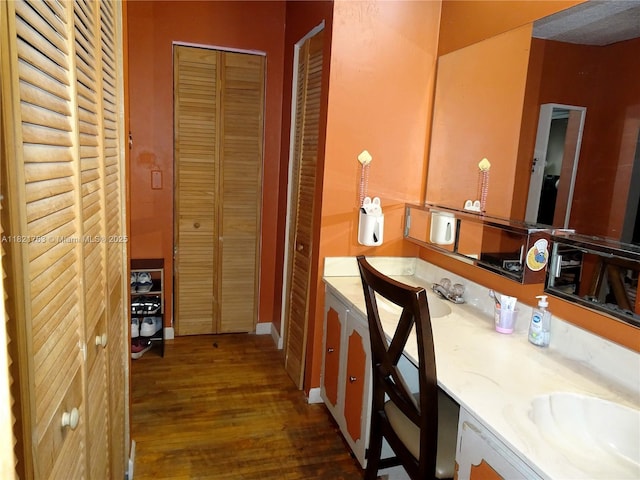 6680 SW 41st Pl Unit 32, Davie, FL 33314 - bathroom with a closet, double vanity, and wood finished floors