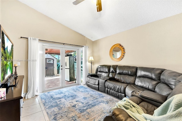550 NW 107th Ave, Pembroke Pines, FL 33026 - living room with french doors, light tile patterned flooring, vaulted ceiling, and a ceiling fan
