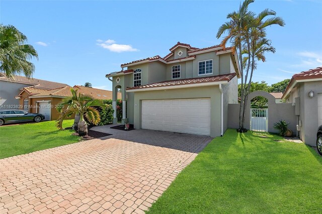 550 NW 107th Ave, Pembroke Pines, FL 33026 - mediterranean / spanish-style home with decorative driveway, stucco siding, a tile roof, and an attached garage