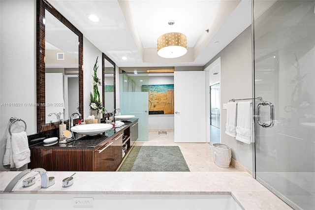 2711 S Ocean Dr Unit 3003, Hollywood, FL 33019 - bathroom featuring double vanity, a shower stall, recessed lighting, and a raised ceiling