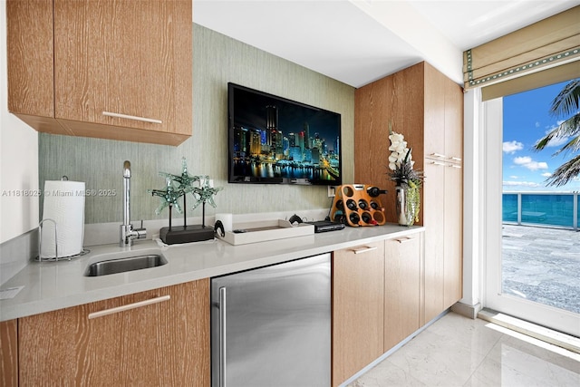 2711 S Ocean Dr Unit 203, Hollywood, FL 33019 - indoor wet bar featuring stainless steel refrigerator and light marble finish floors