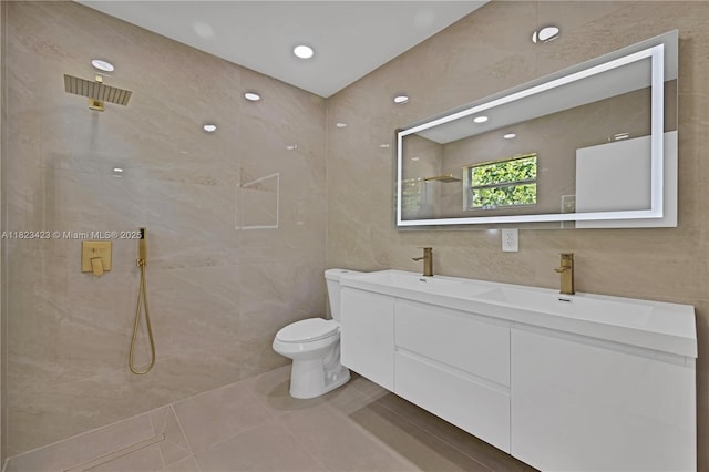 3917 Adams St, Hollywood, FL 33021 - full bathroom featuring tile walls, tiled shower, double vanity, and tile patterned floors