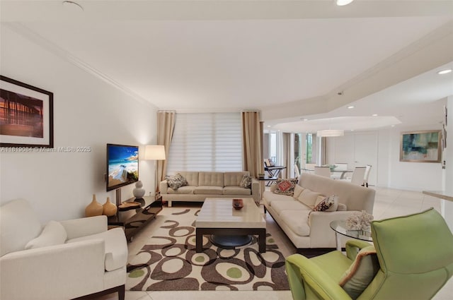 140 SE 5th Ave Unit 438, Boca Raton, FL 33432 - living room featuring light tile patterned floors, ornamental molding, and recessed lighting