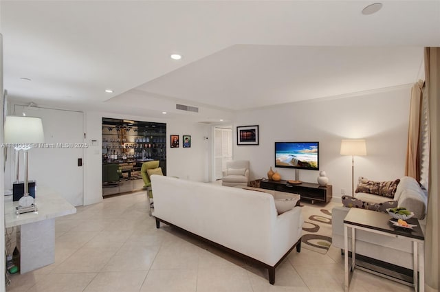 140 SE 5th Ave Unit 438, Boca Raton, FL 33432 - living room with light tile patterned flooring, recessed lighting, and bar area