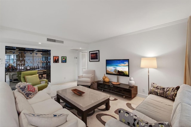 140 SE 5th Ave Unit 438, Boca Raton, FL 33432 - living room featuring bar area, crown molding, and recessed lighting