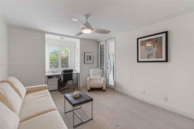 140 SE 5th Ave Unit 438, Boca Raton, FL 33432 - living room with crown molding, ceiling fan, light carpet, and an office area