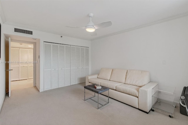 140 SE 5th Ave Unit 438, Boca Raton, FL 33432 - living room with crown molding, carpet flooring, and a ceiling fan