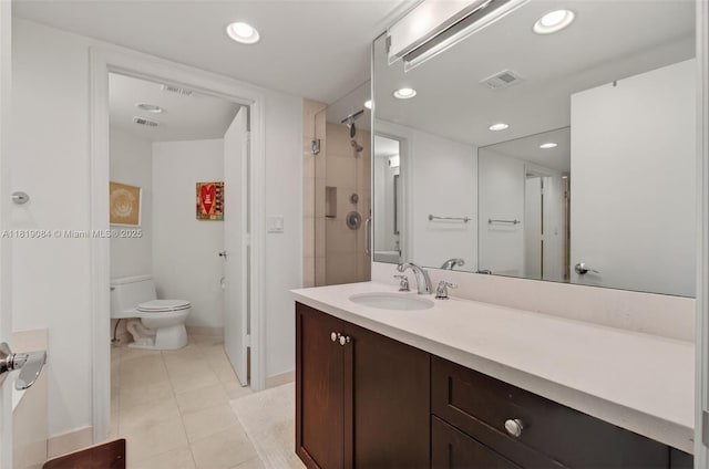 140 SE 5th Ave Unit 438, Boca Raton, FL 33432 - bathroom with vanity, tile patterned flooring, recessed lighting, and a tile shower
