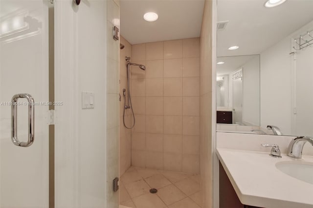 140 SE 5th Ave Unit 438, Boca Raton, FL 33432 - full bathroom with a shower stall, vanity, recessed lighting, and tile patterned flooring