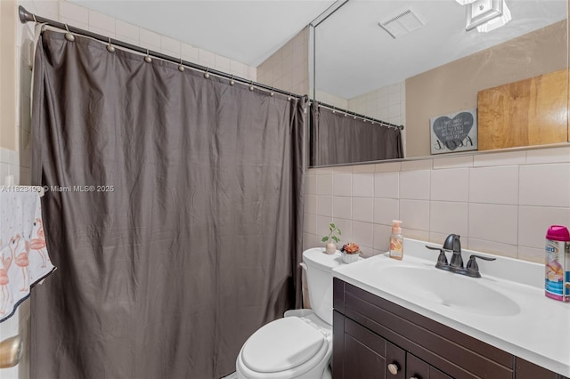 14548 SW 98th Ter, Miami, FL 33186 - bathroom featuring tile walls, vanity, decorative backsplash, and a shower with curtain