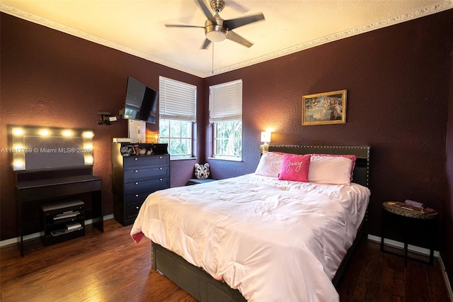 13290 SW 54th Ct, Miramar, FL 33027 - bedroom with wood finished floors, a textured wall, crown molding, and ceiling fan
