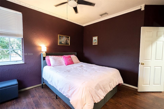 13290 SW 54th Ct, Miramar, FL 33027 - bedroom with wood finished floors, crown molding, and a ceiling fan