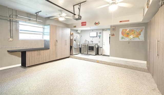 13290 SW 54th Ct, Miramar, FL 33027 - garage featuring washer and dryer, ceiling fan, a garage door opener, and stainless steel refrigerator with ice dispenser