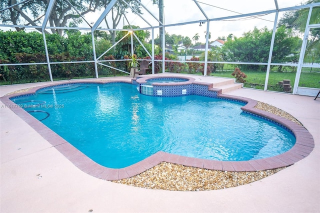 13290 SW 54th Ct, Miramar, FL 33027 - view of swimming pool with glass enclosure, a patio, and a pool with connected hot tub