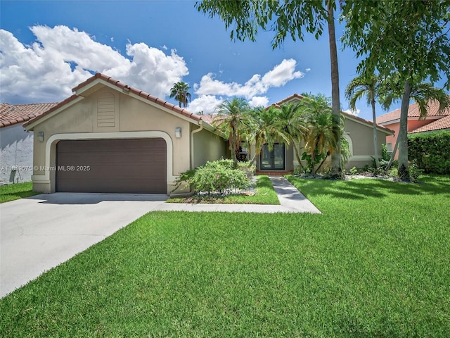 782 Lake Blvd, Weston, FL 33326 - view of front of home featuring a garage, stucco siding, a front yard, concrete driveway, and a tiled roof