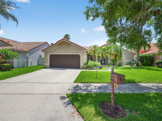782 Lake Blvd, Weston, FL 33326 - mediterranean / spanish-style home featuring stucco siding, an attached garage, a front yard, driveway, and a tile roof
