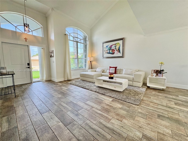 535 SW 181st Way, Pembroke Pines, FL 33029 - living room featuring ornamental molding, wood finished floors, and high vaulted ceiling
