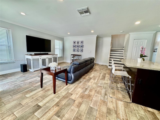 535 SW 181st Way, Pembroke Pines, FL 33029 - living room with crown molding, light wood-style flooring, stairway, and recessed lighting
