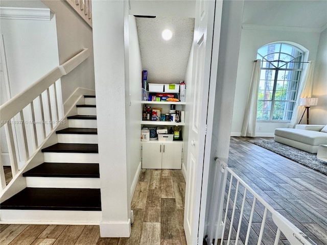 535 SW 181st Way, Pembroke Pines, FL 33029 - staircase featuring ornamental molding, wood finished floors, and a textured ceiling