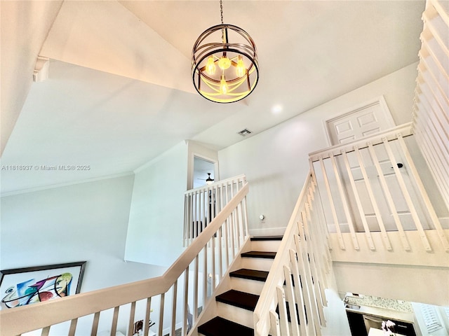 535 SW 181st Way, Pembroke Pines, FL 33029 - staircase featuring crown molding, a chandelier, and recessed lighting