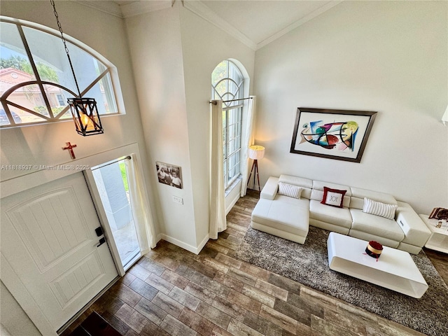535 SW 181st Way, Pembroke Pines, FL 33029 - entryway featuring ornamental molding, wood finished floors, and high vaulted ceiling