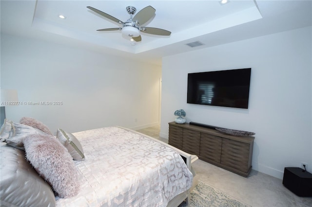 21420 SW 127th Pl, Miami, FL 33177 - bedroom with a raised ceiling, light colored carpet, recessed lighting, and ceiling fan