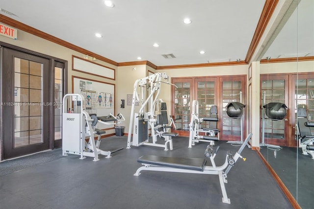 4183 N Haverhill Rd Unit 710, West Palm Beach, FL 33417 - gym with french doors, ornamental molding, and recessed lighting