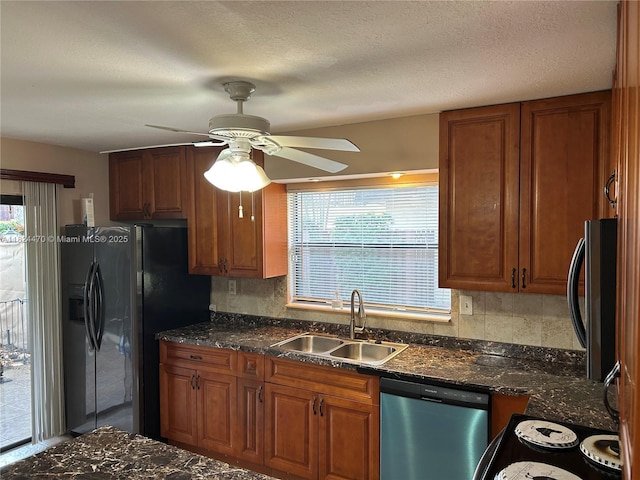 5818 Swordfish Ct Unit D, Tamarac, FL 33319 - kitchen featuring dishwasher, ceiling fan, brown cabinets, black fridge with ice dispenser, and backsplash