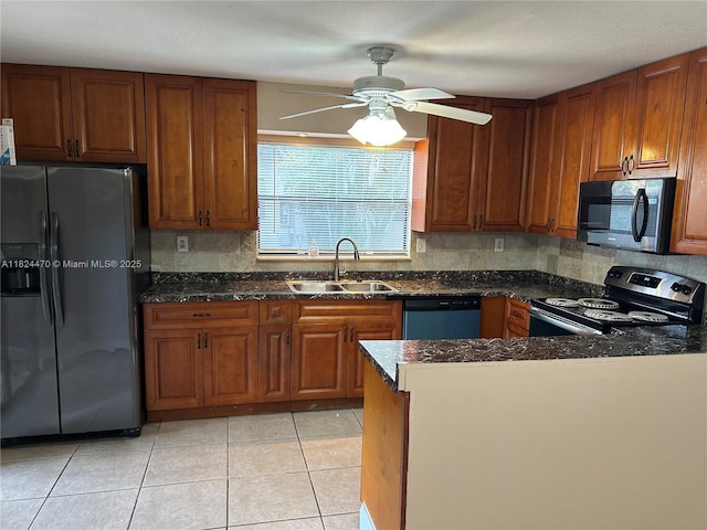 5818 Swordfish Ct Unit D, Tamarac, FL 33319 - kitchen featuring black refrigerator with ice dispenser, stainless steel range with electric cooktop, dishwashing machine, a ceiling fan, and backsplash