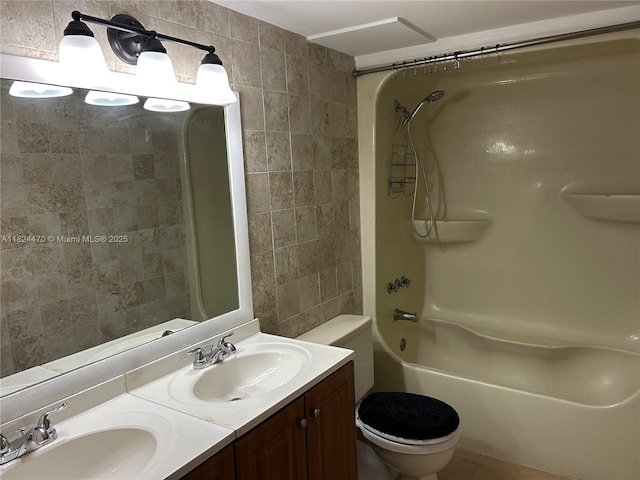 5818 Swordfish Ct Unit D, Tamarac, FL 33319 - bathroom featuring tile walls, double vanity, and shower / bathtub combination