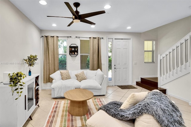 8144 Cascada Isles Dr, Cooper City, FL 33024 - living room featuring stairway, ceiling fan, light tile patterned floors, and recessed lighting